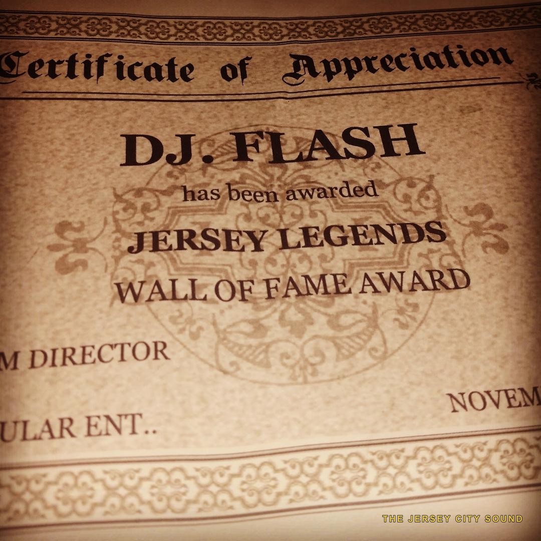 Certificate of Appreciation awarding DJ Flash the Jersey Legends Wall of Fame Award