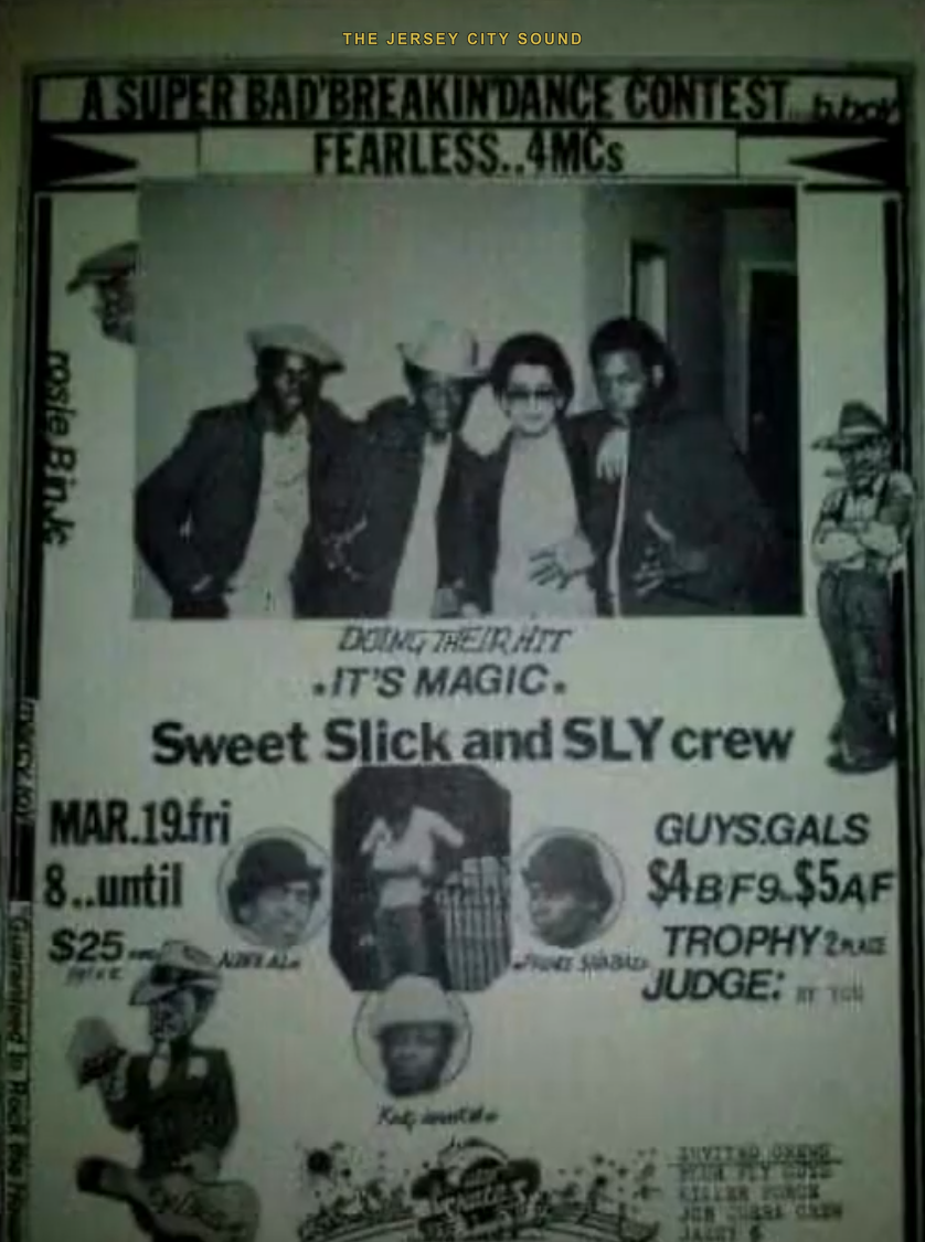 Period flyer for a breakin dance contest picturing the Sweet Slick and Sly crew doing their hit It's Magic