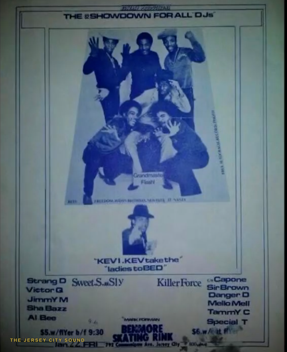 Blue period flyer for The Showdown For All DJs at Benmore Skating Rink with Grandmaster Flash pictured