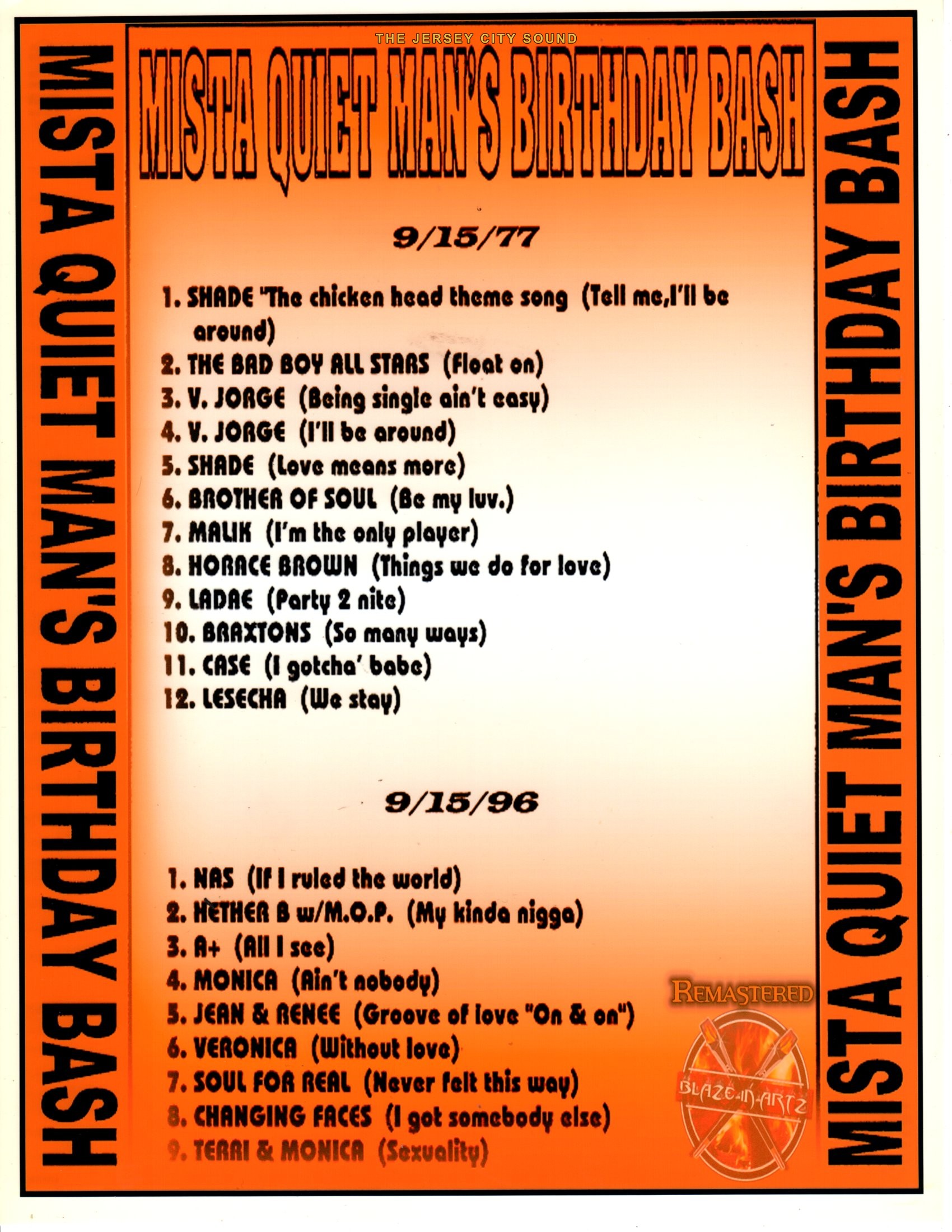 Mista Quiet Man's Birthday Bash tape cover in orange with two tracklists themed 1977 and 1996