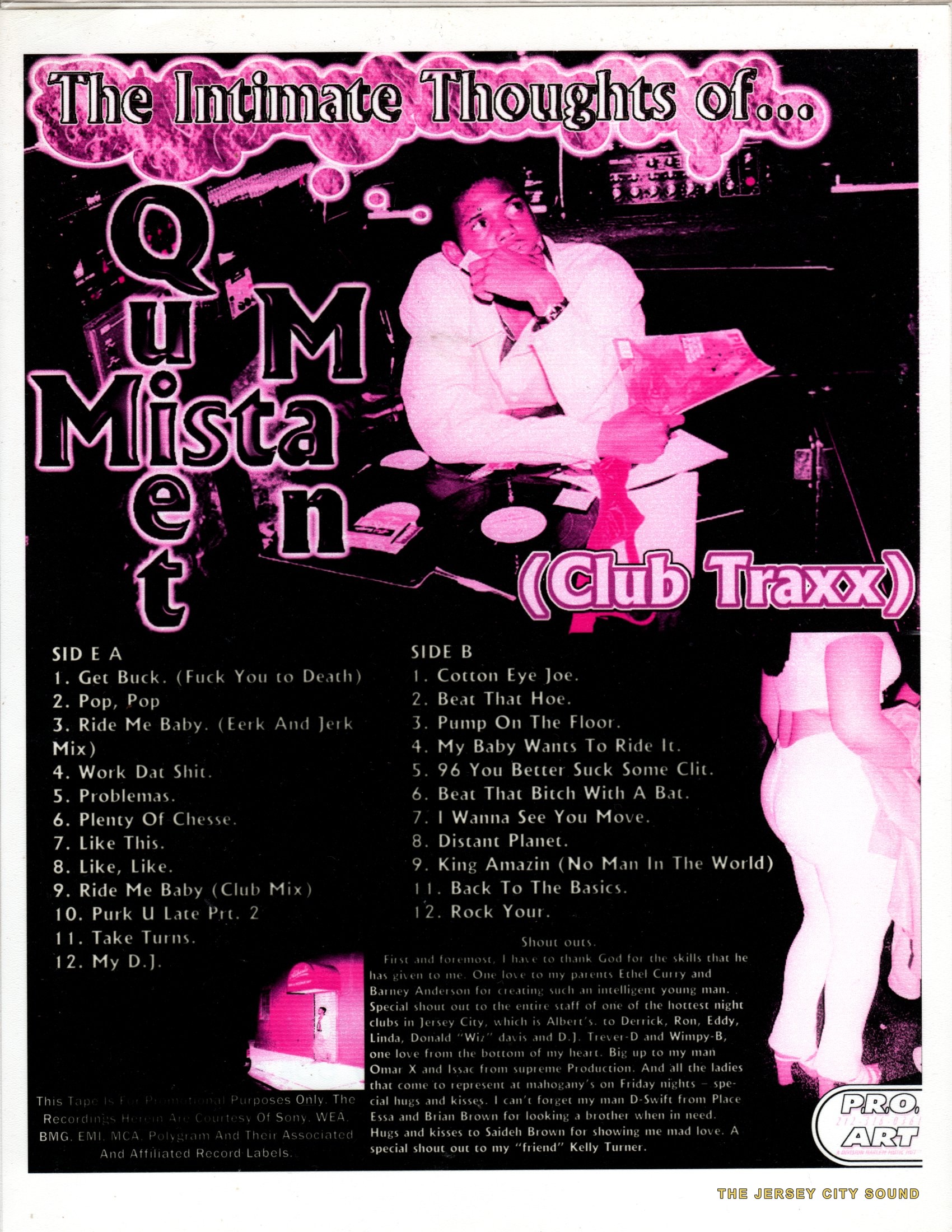 The Intimate Thoughts of Mista Quiet Man Club Traxx tape cover in pink and black by Pro Art