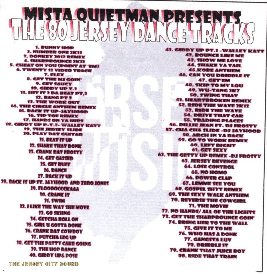 The 80 Jersey Dance Tracks CD cover listing eighty tracks over a New Jersey map